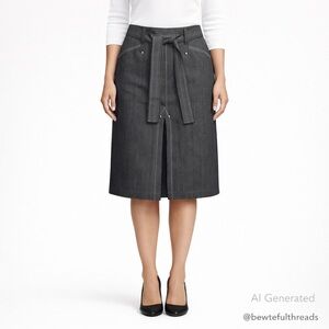 BURTON Size 12 Charcoal Pinstripe Denim Belted Knee-Length Skirt